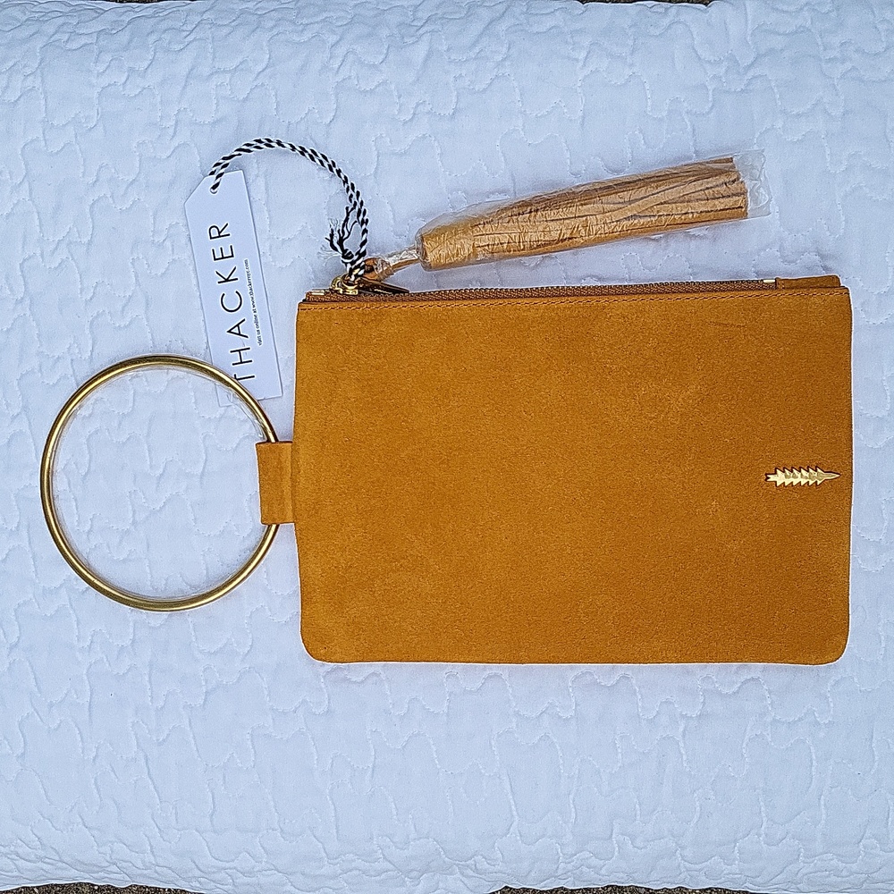 NWT Thacker Suede Leather Pouch w/ Gold Ring Handle